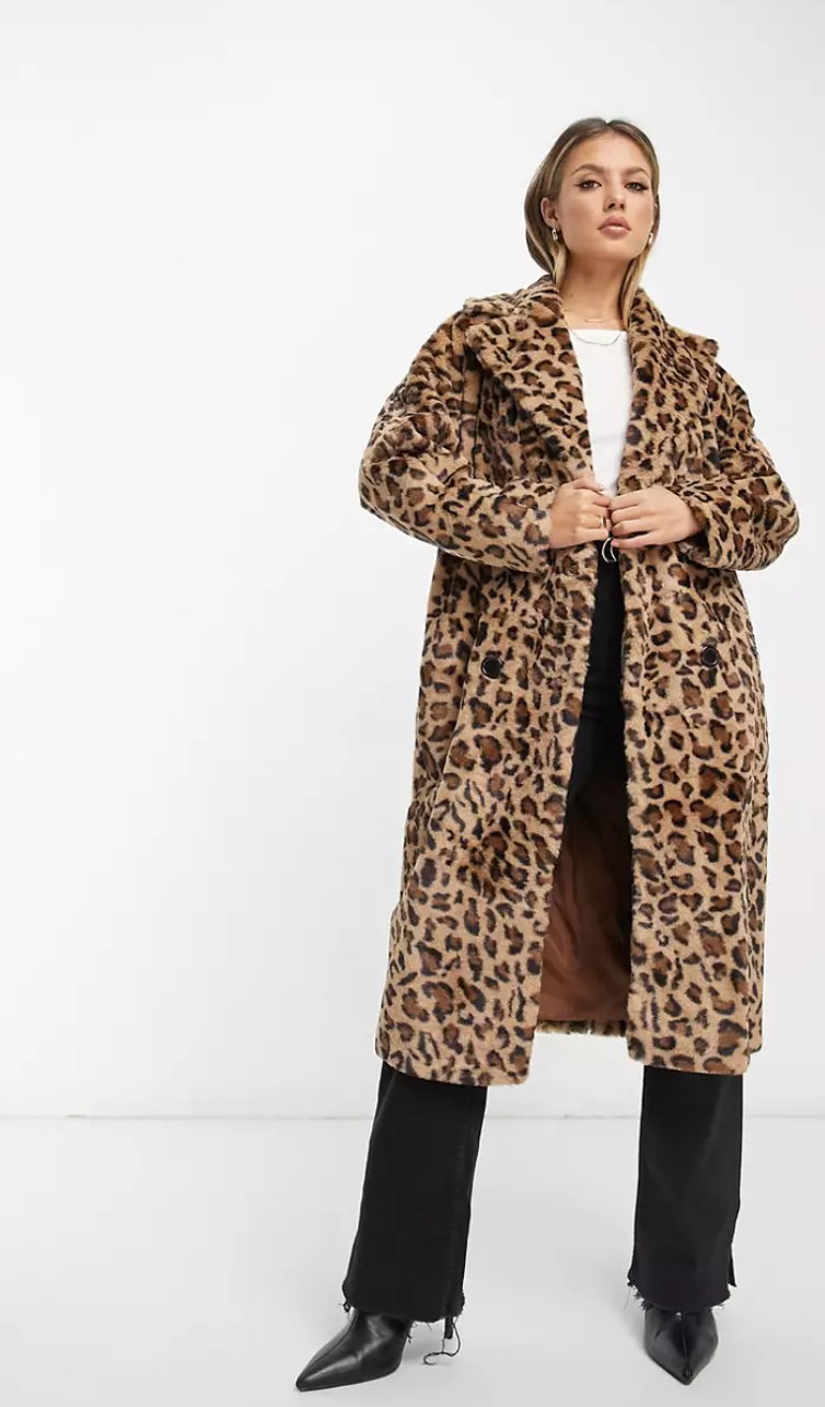Helene Berman + Double Breasted Faux Fur Coat in Brown Leopard