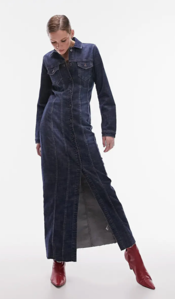 Topshop + Long Sleeve Raw Hem Stretch Denim Shirtdress