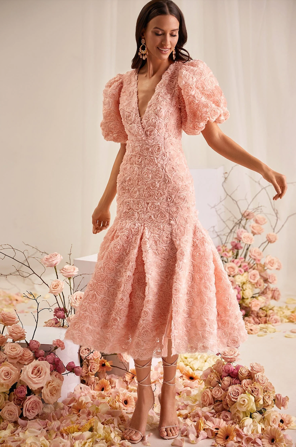 Dream Sister Jane rosette trapeze midaxi dress in pink | ASOS