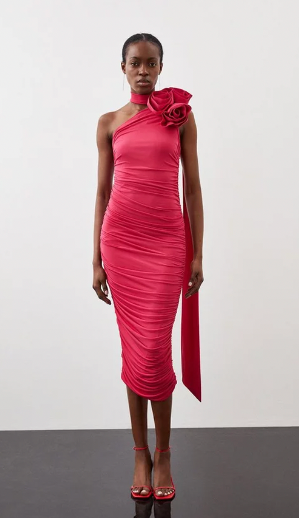 Karen Millen + Drapey Ruched Jersey Rosette Midi Dress