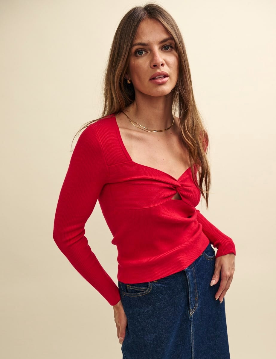 Nobody’s Child + Red Sweetheart Twist Front Knitted Top