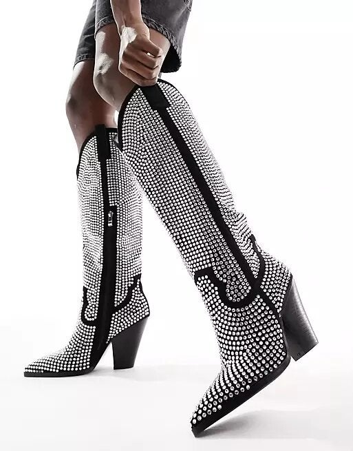 Azalea Wang + Perimeter Embellished Western Boot in Silver