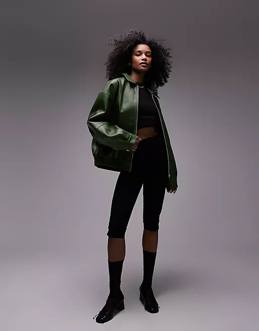 + faux leather centre front zip bomber jacket in green