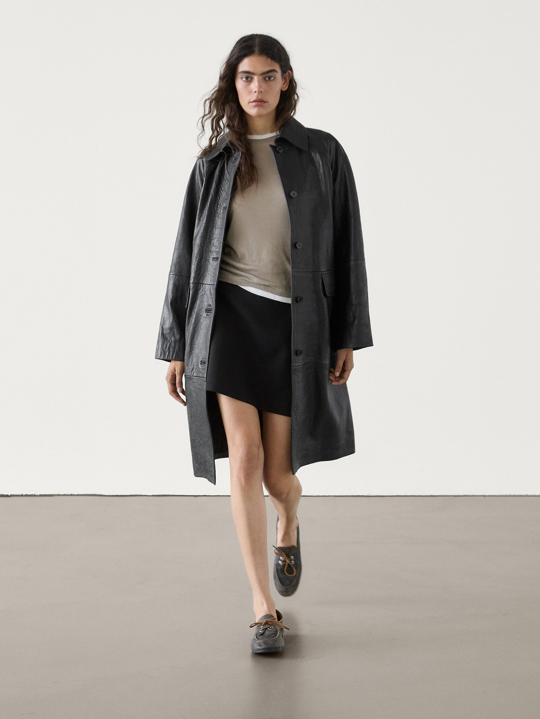 Massimo Dutti Long Textured Nappa Leather Coat with Pockets