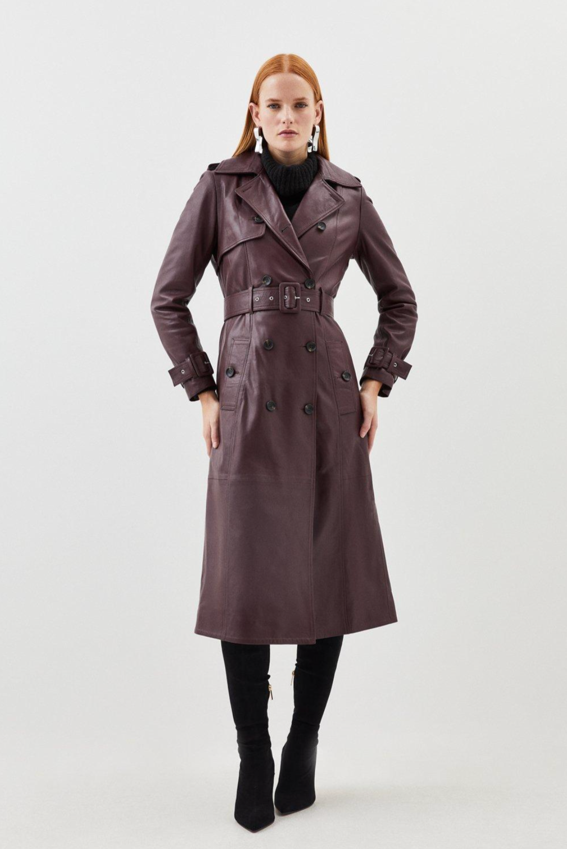 Karen Millen + Leather Trench Belted Mac Midi Coat