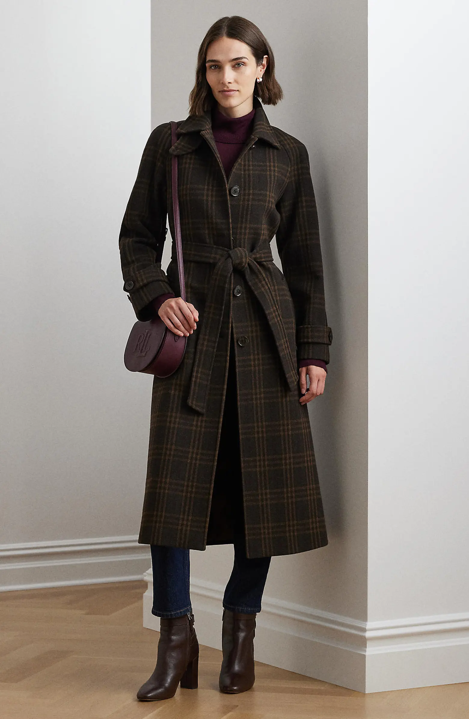 Lauren Ralph Lauren Plaid Wool Blend Maxi Trench Coat