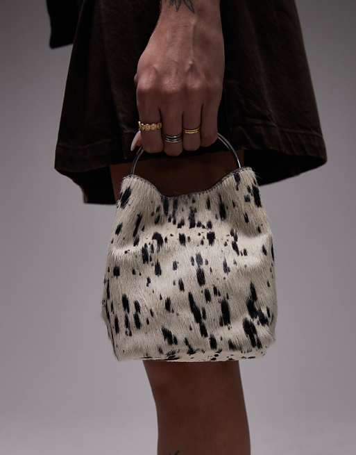Topshop Gene Leather Grab Bag In Cow Dalmatian