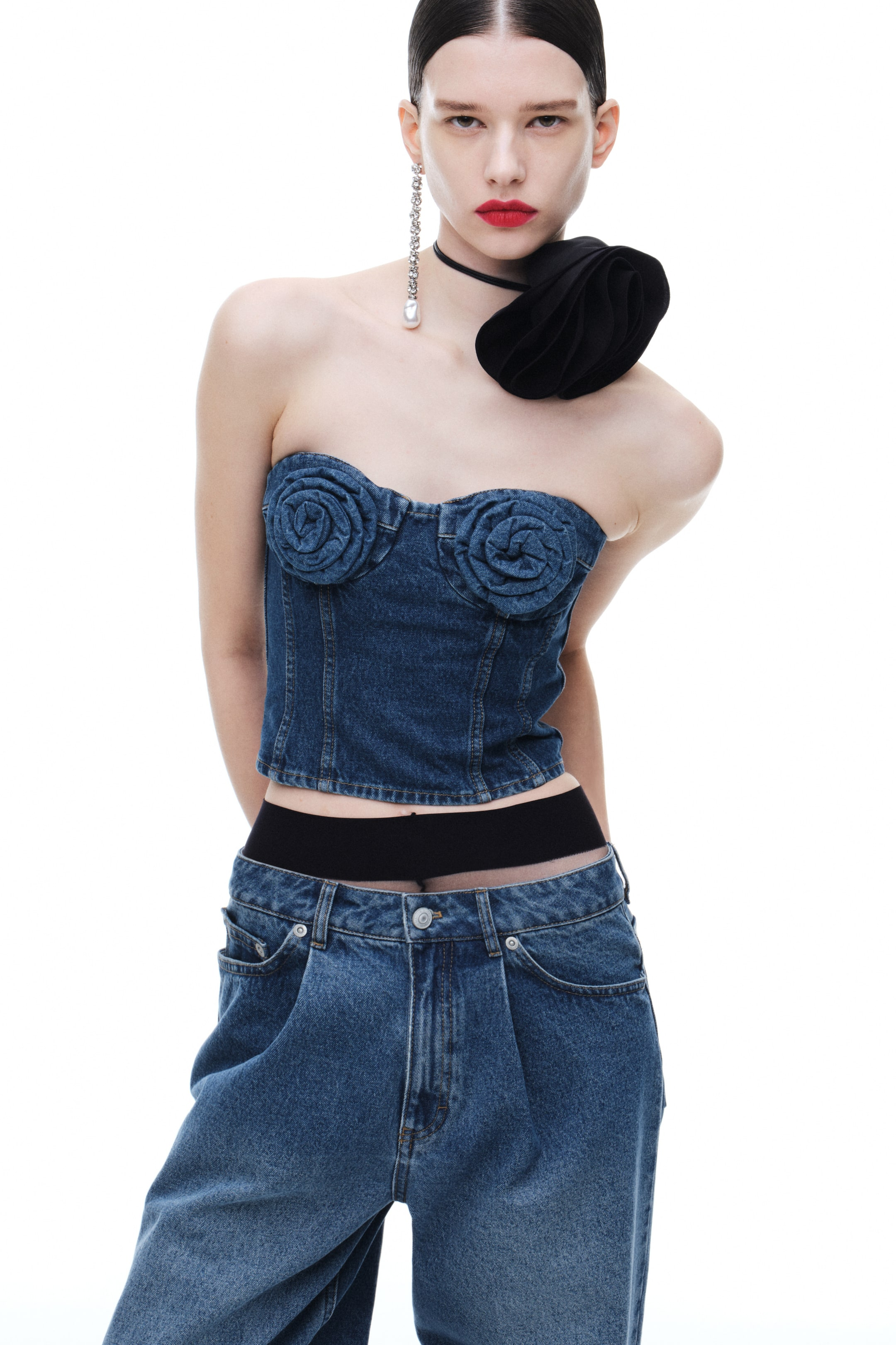 新品✨magda butrym  ローズ　デニムビスチェトップス 32 Magda Butrym x H&M + Denim Bustier Top with Rose Appliqués