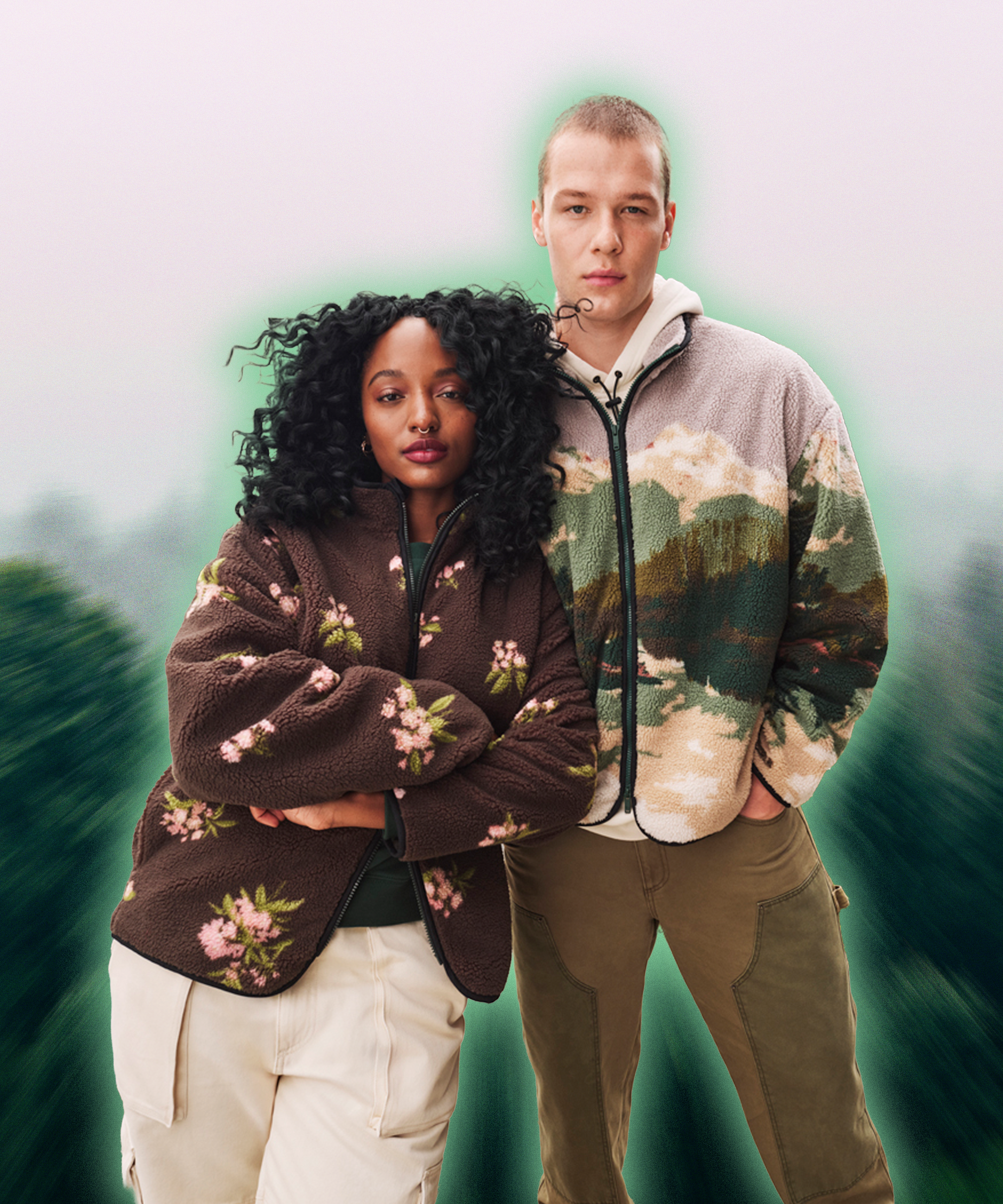 Models wearing Target x Woolrich fleece zip-up jackets.