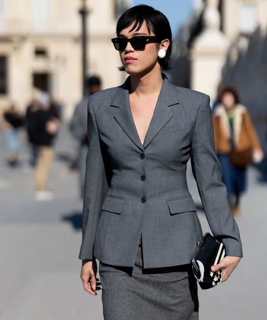 Guest at Paris Fashion Week with pixie haircut