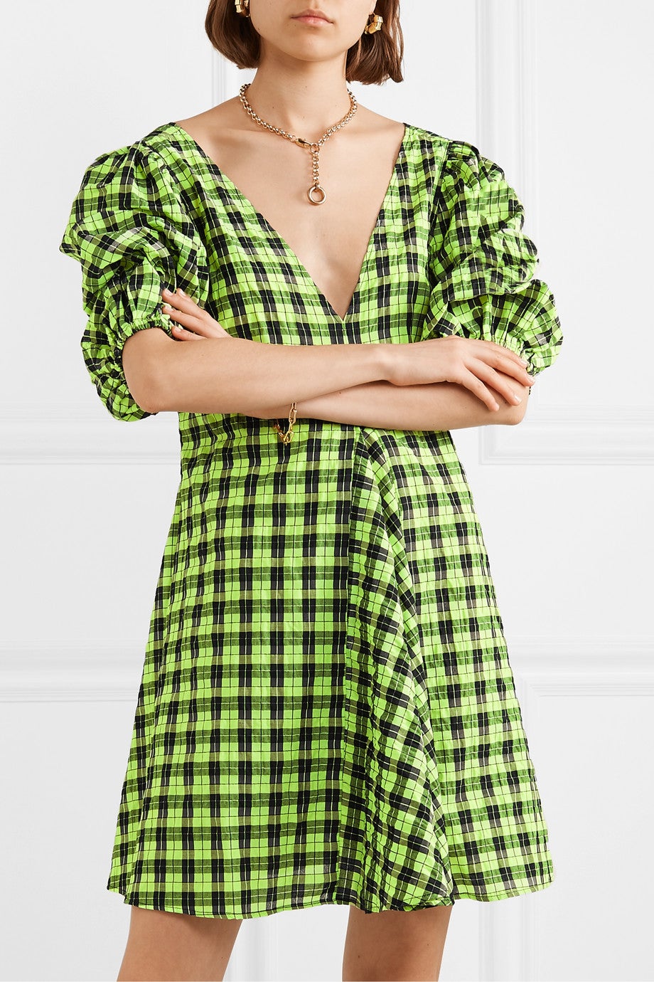 Ganni + Checked Cotton-Blend Seersucker Mini Dress