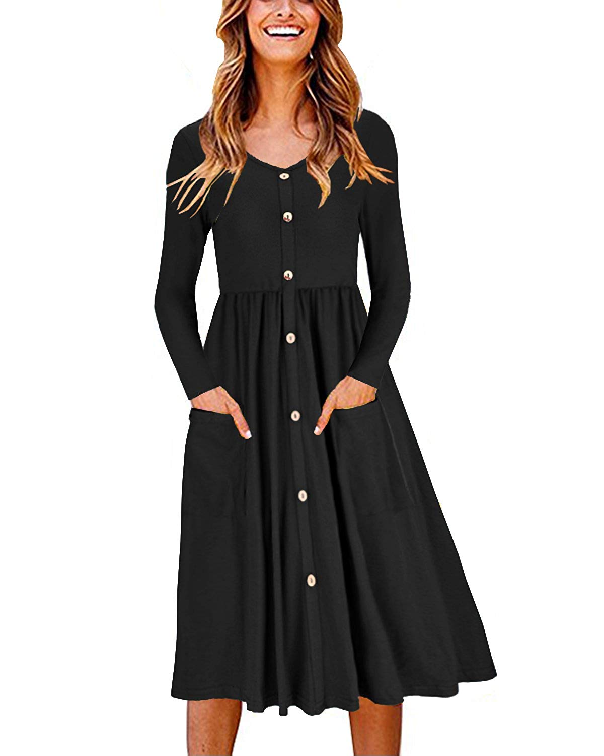 Ouges Long-Sleeve Button-Front Pocket Dress Ouges Long-Sleeve Button-Front Pocket Dress