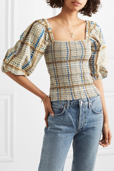 Ganni + Shirred checked cotton-poplin top