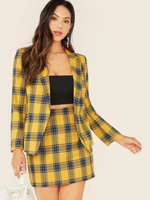 SheIn + Plaid Blazer and Skirt Set