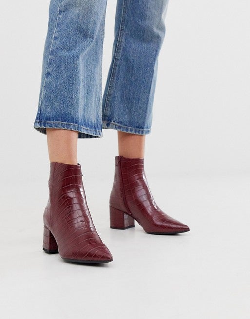 Pointed Block Heeled Boots In Dark Red Croc