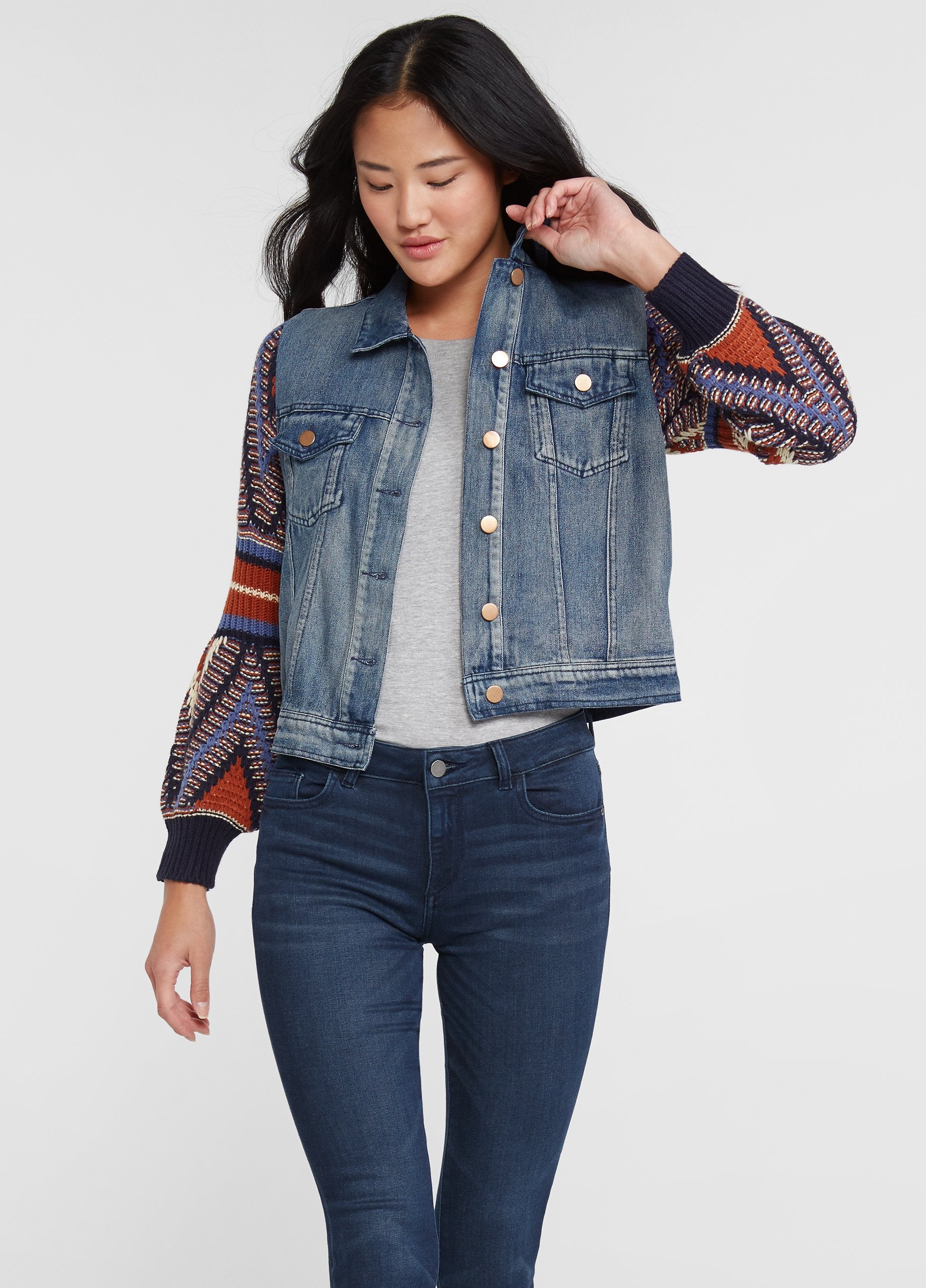 Knit sleeve hotsell denim jacket