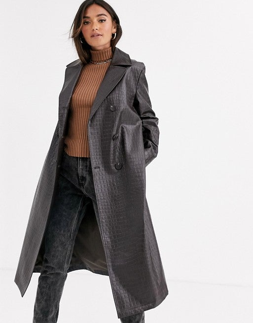 ASOS DESIGN + Dark Brown Croc trench Coat