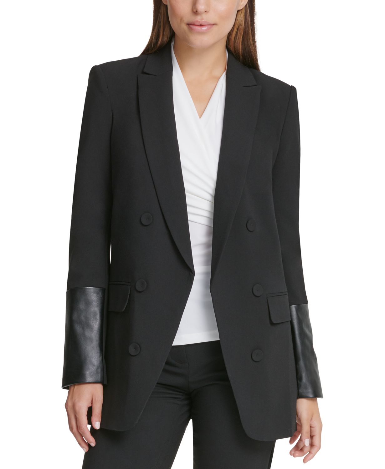 DKNY + Double-Breasted Jacket With Faux-Leather Sleeves