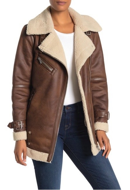 Avec Les Filles + Faux Leather Coated Faux Shearling Lined Biker Jacket