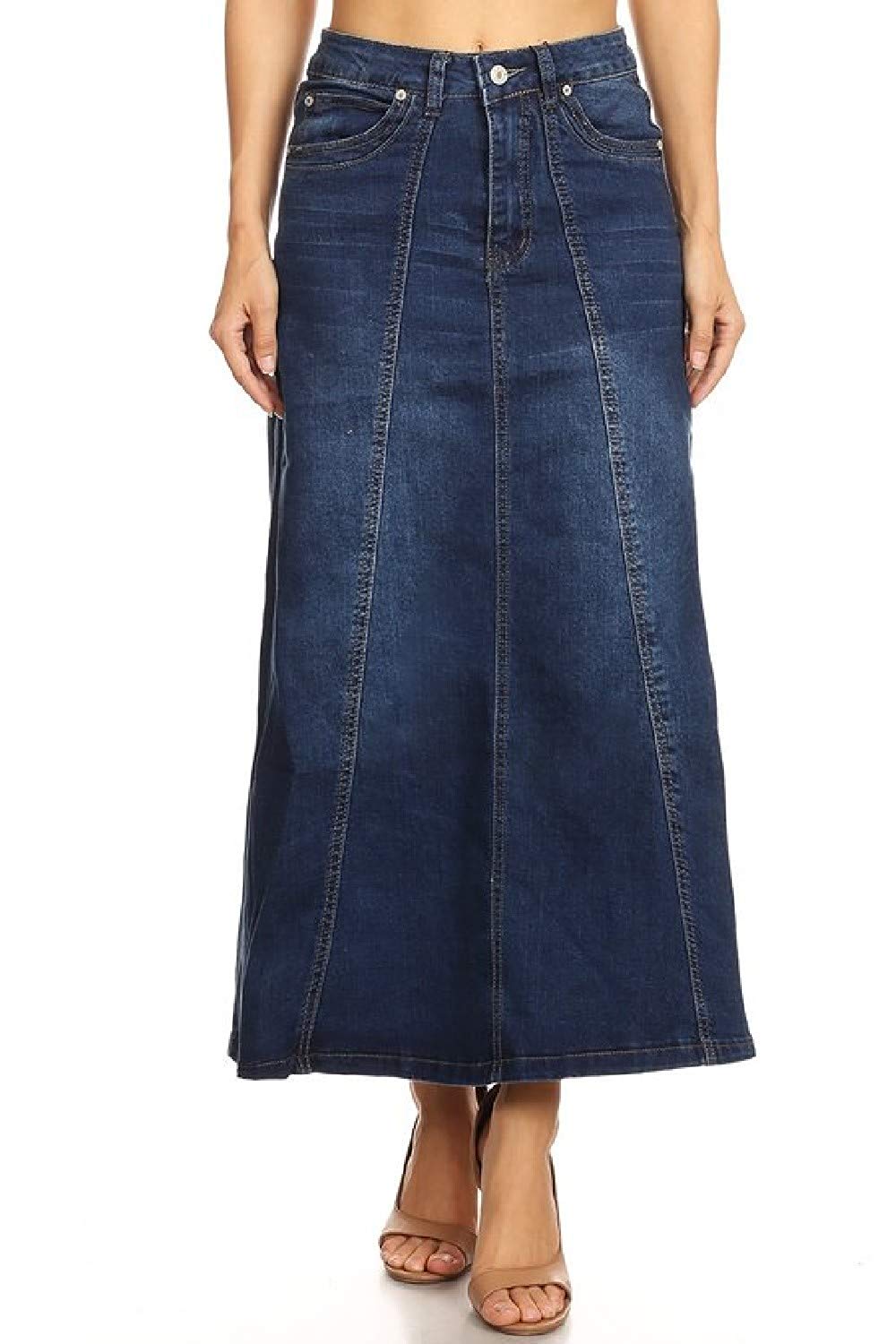 Fashion2Love + Mid Rise A-Line Long Denim Skirt