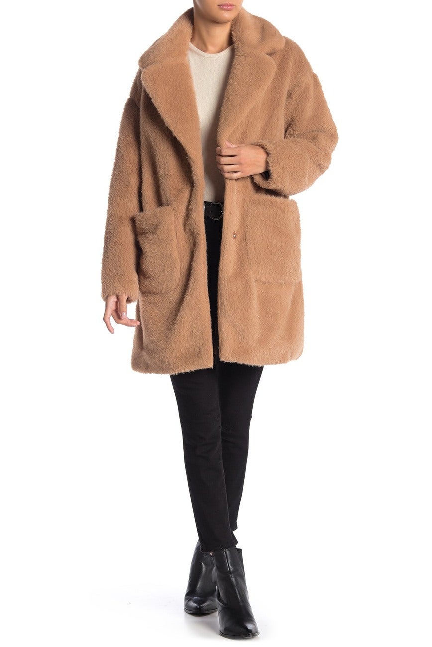 BCBGeneration + Faux Fur Notch Collar Pocketed Coat