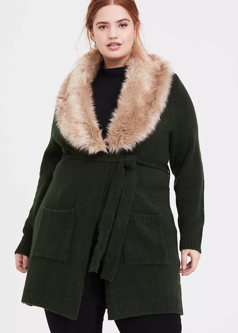 Torrid Outlander Green Faux Fur Collar Cardigan