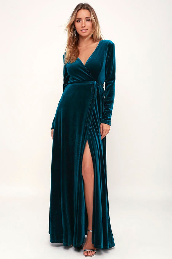 Lulus Jacinda Teal Blue Velvet Wrap Maxi Dress