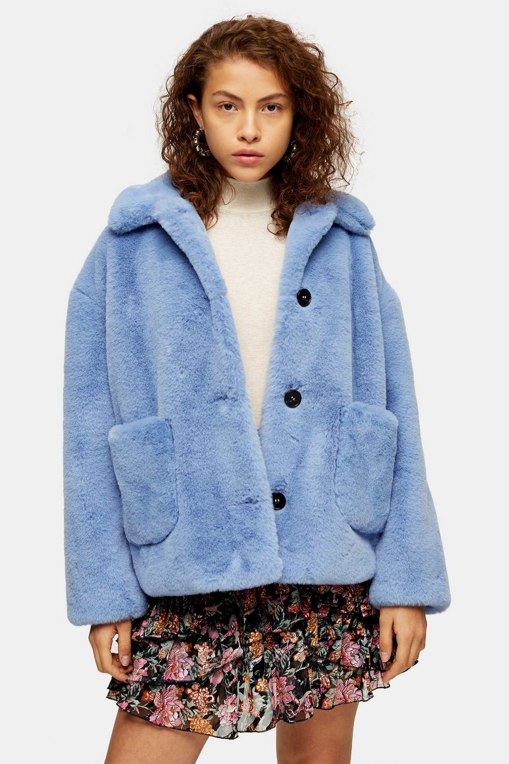 Topshop + Blue Cropped Faux Fur Coat