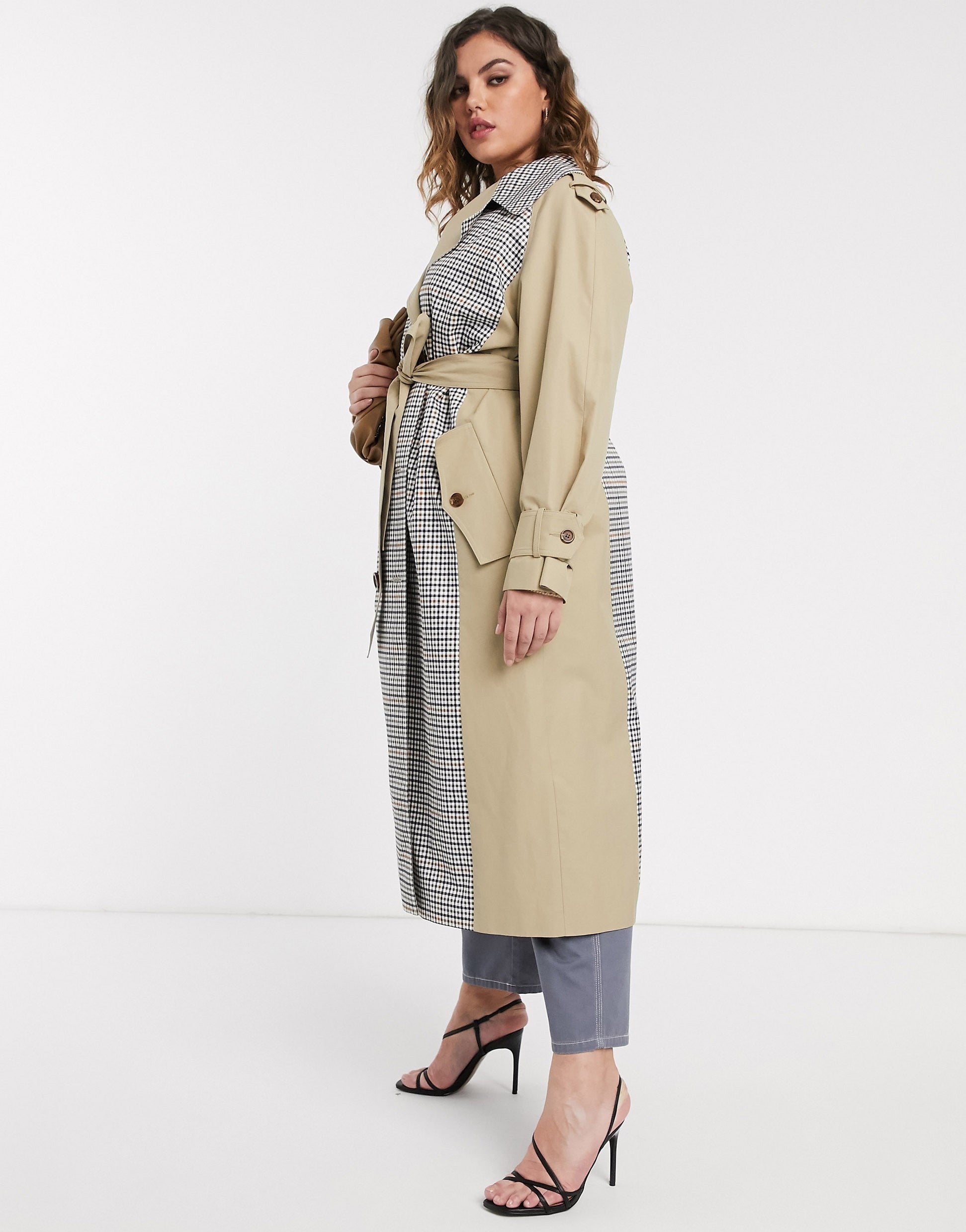ASOS CURVE + Curve Trench Coat With Check Splicing