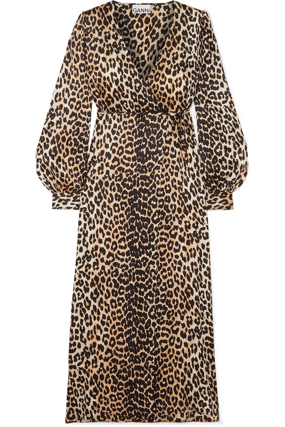 Ganni + Leopard-print silk-blend satin wrap dress