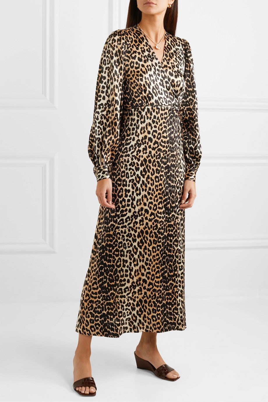 Satin leopard wrap dress clearance