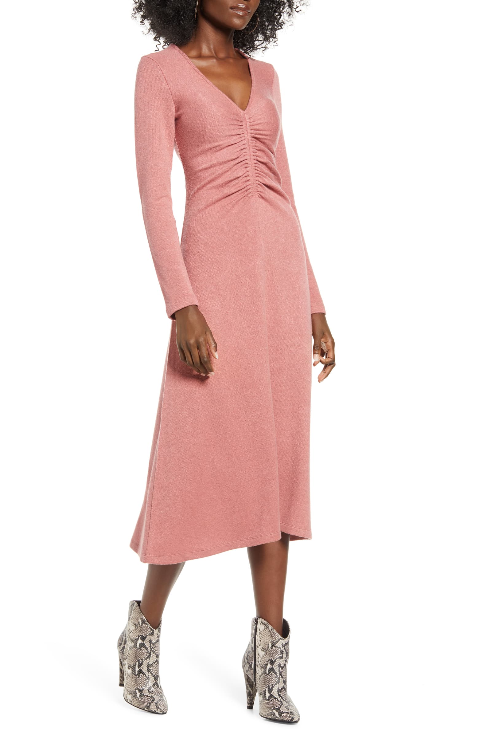 Cinch Front Long Sleeve Midi Sweater Dress