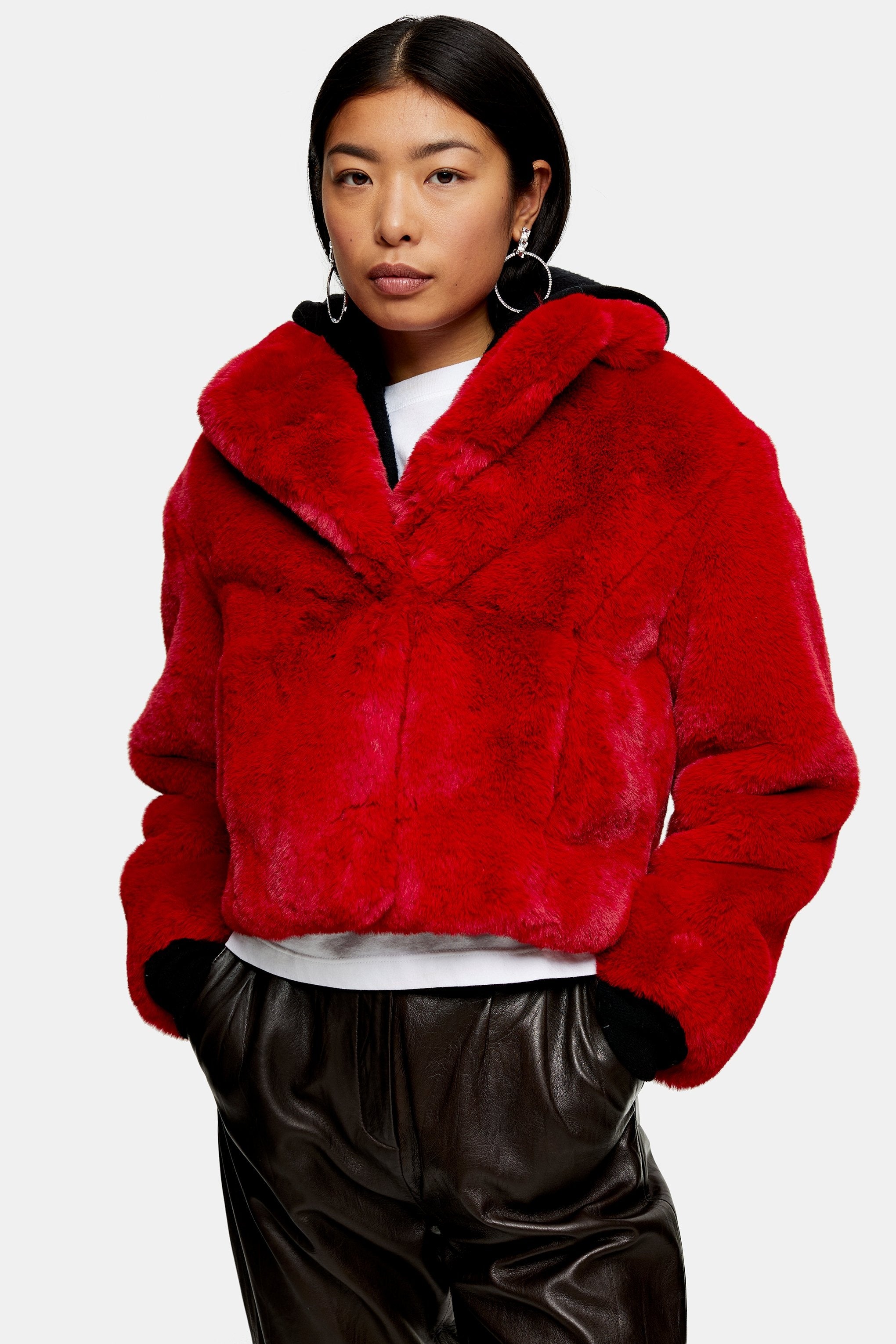 Topshop + Red Cropped Faux Fur Coat