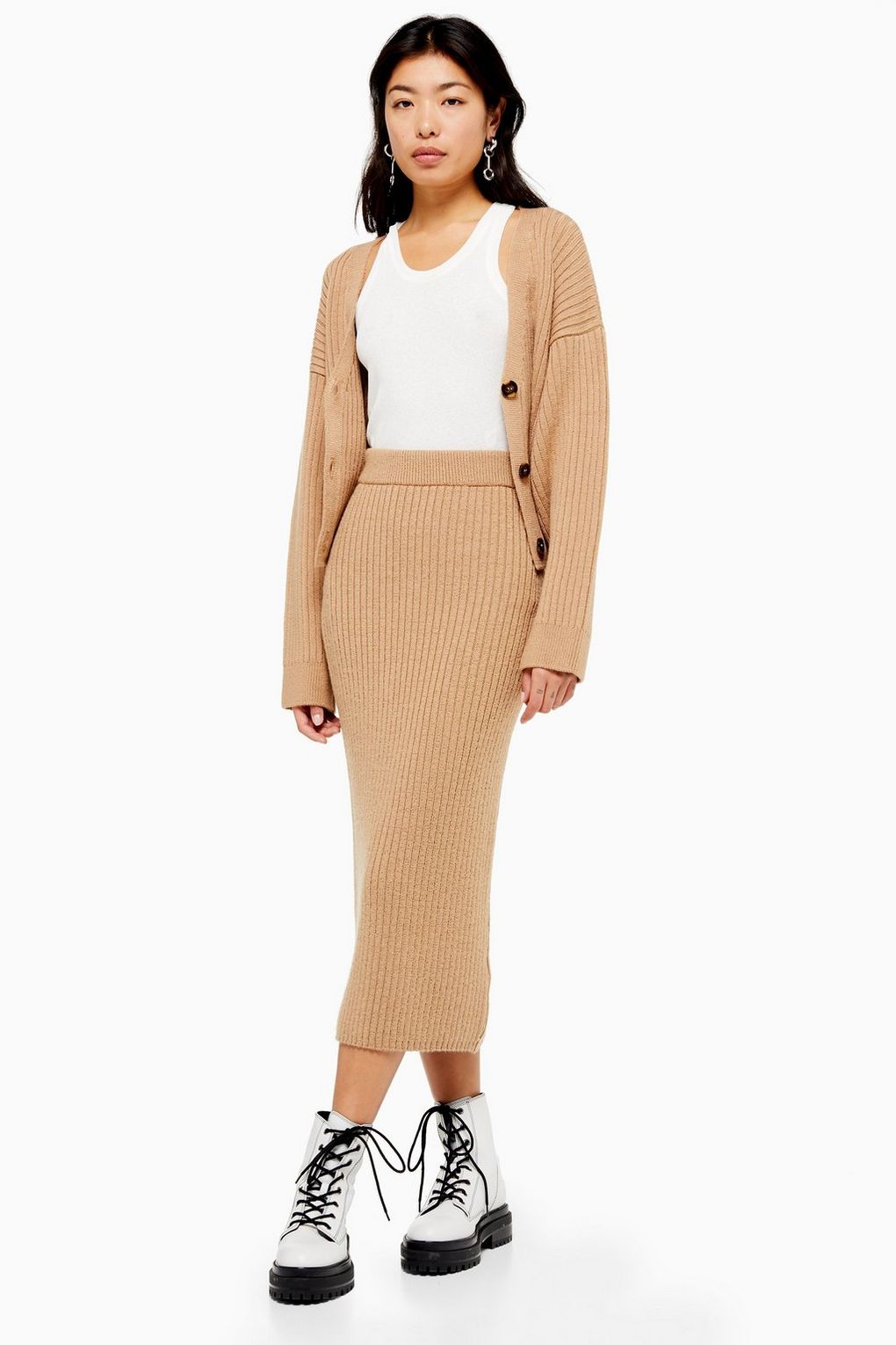 Topshop Camel Ribbed Midi Skirt
