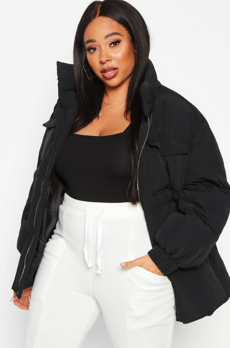 Boohoo Plus + Plus Belted Funnel Neck Utility Puffer Jacket