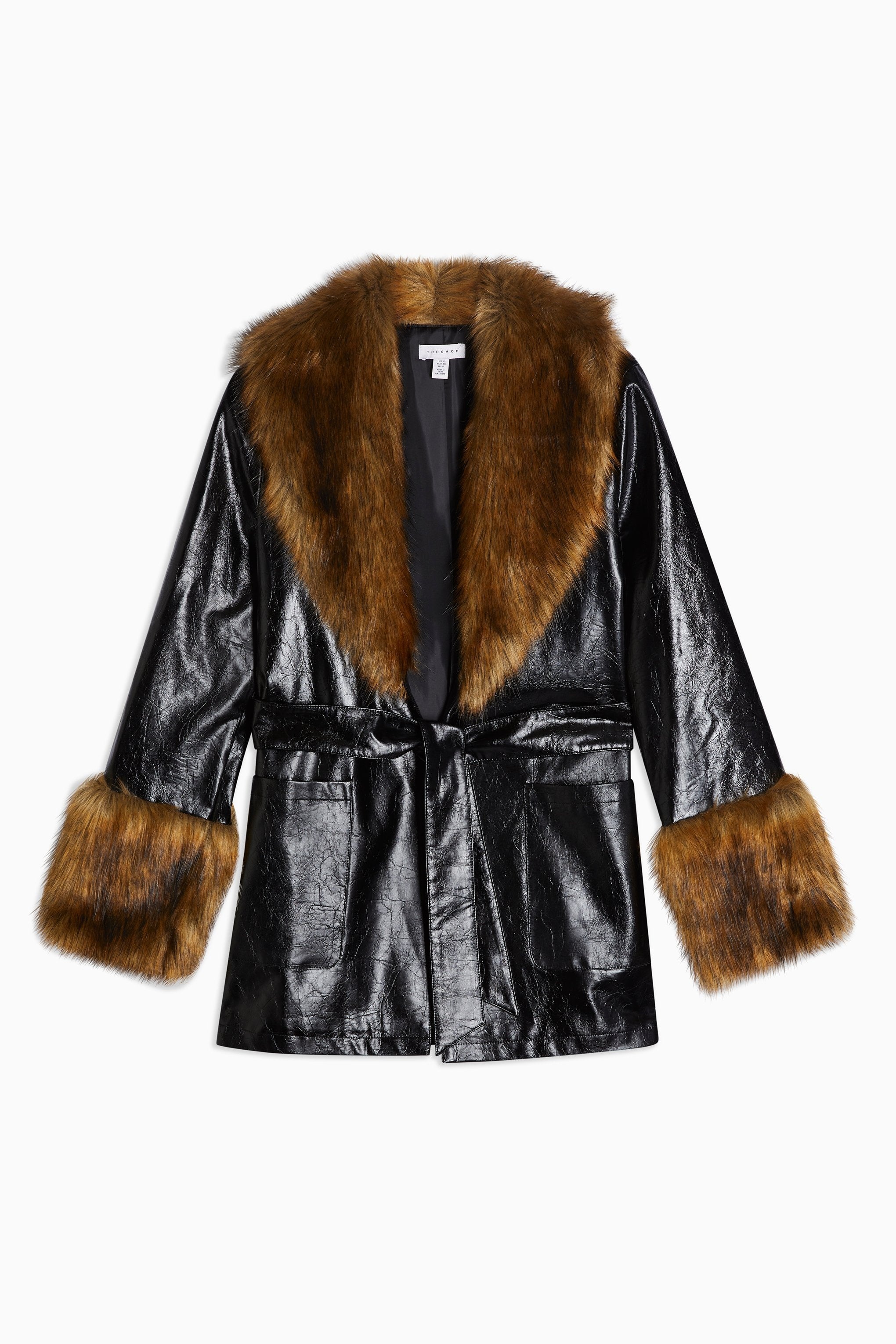 Topshop Black Faux Fur Trimmed PU Coat