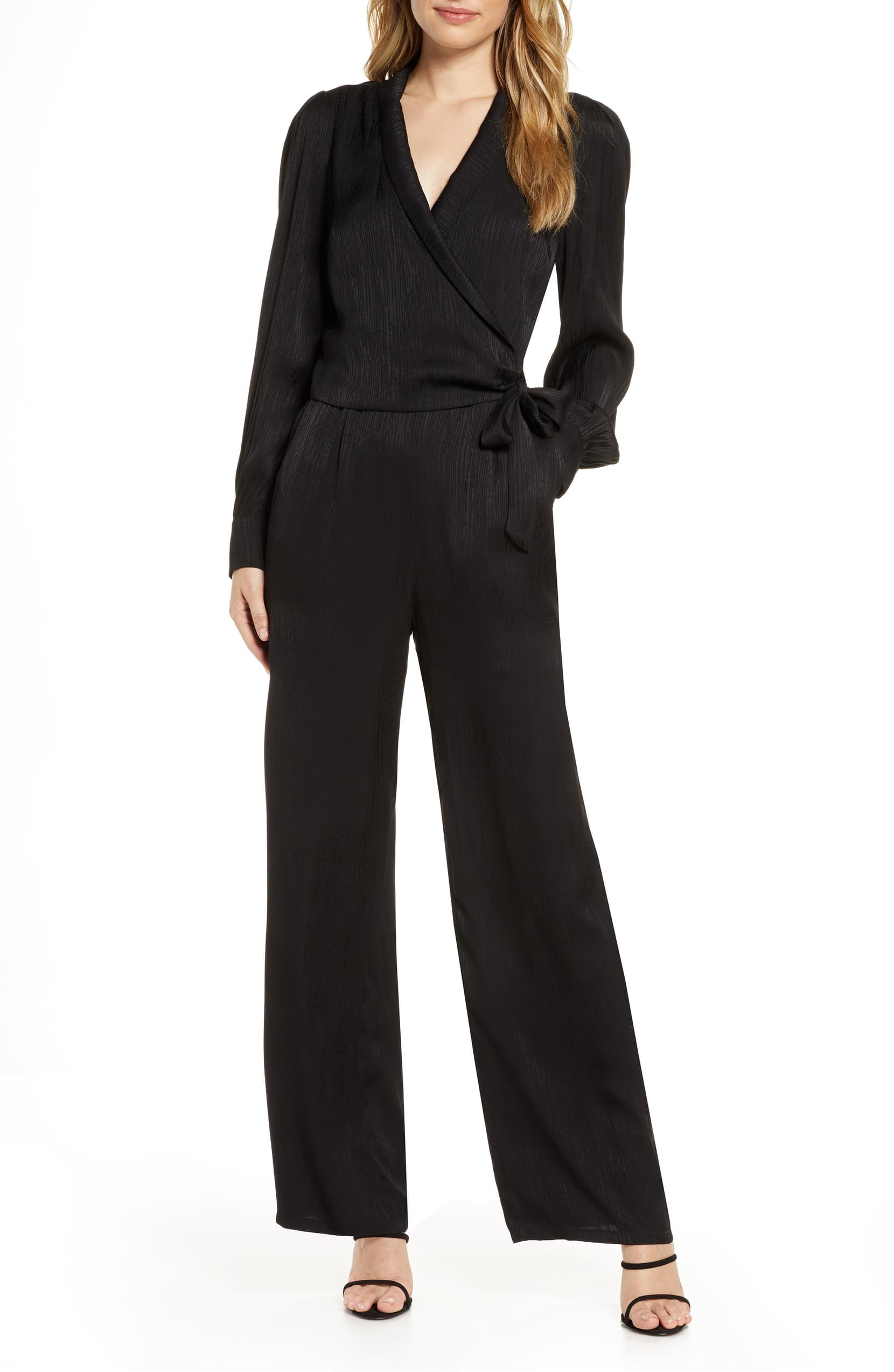 Adelyn Rae + Shyla Long Sleeve Textured Satin Jumpsuit