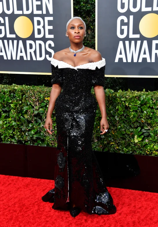 Cynthia Erivo in Custom Thom Browne Golden Globes Red Carpet 2020