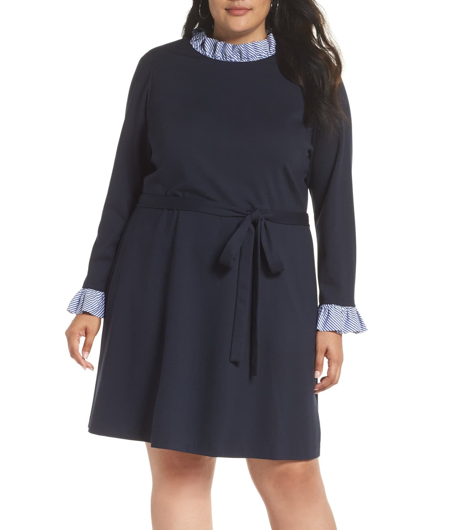 1901 long sleeve ruffle detail shirtdress