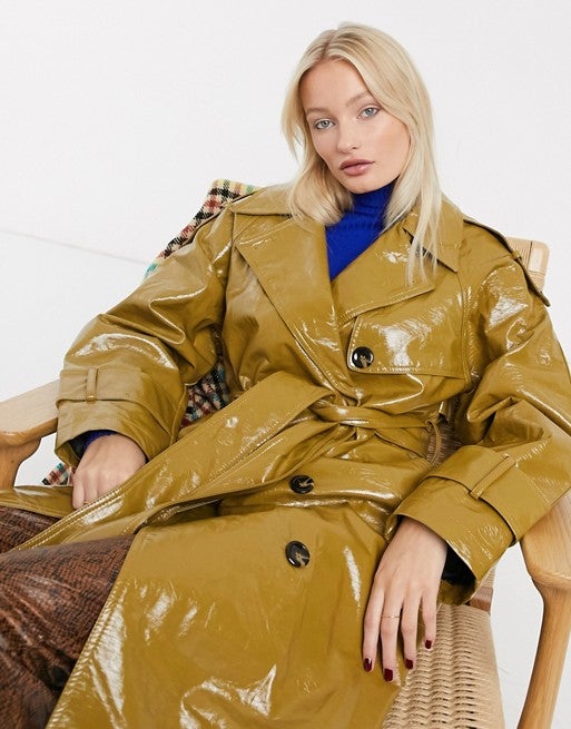 ASOS DESIGN + ASOS DESIGN vinyl trench coat in khaki