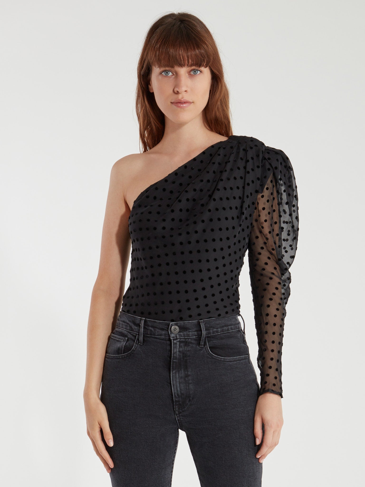 IRO Coatli One Shoulder Puff Sleeve Silk Top