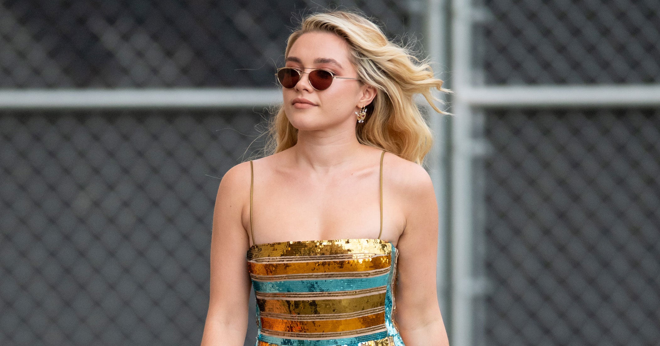 Florence Pugh Wears Sequin Slip Dress & Tiny Sunglasses