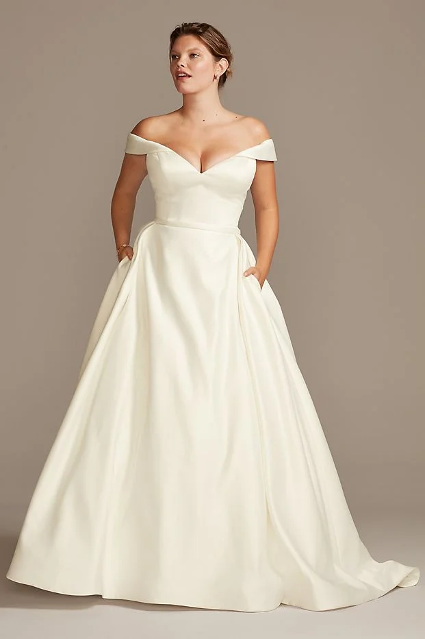 David s Bridal Off Shoulder Satin Gown Plus Size Wedding Dress