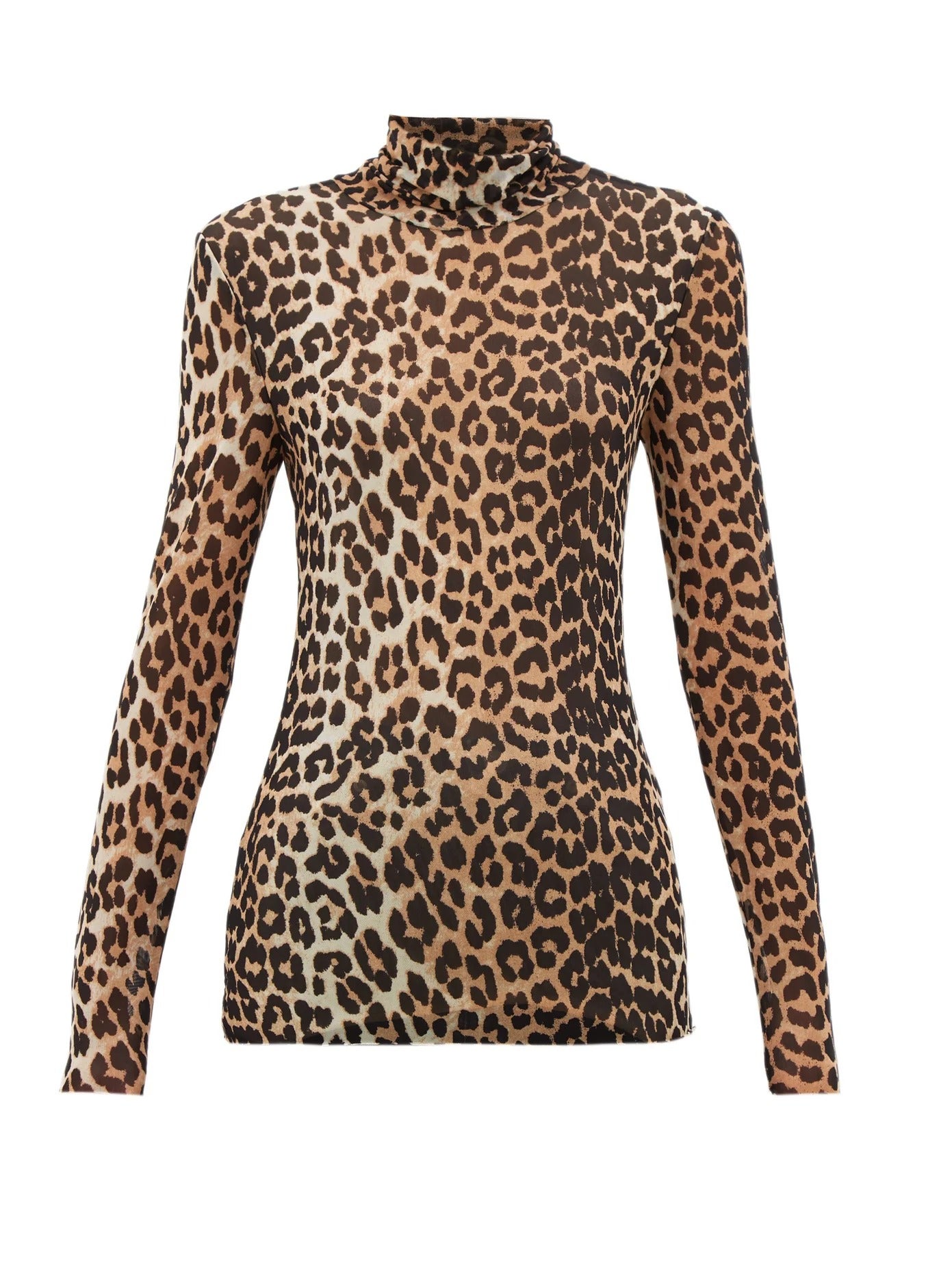 Ganni + Leopard-Print Roll-Neck Mesh Top