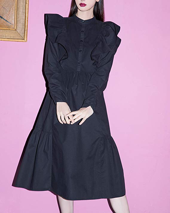 The Drop + Ruffle Shoulder Long Sleeve Midi Dress