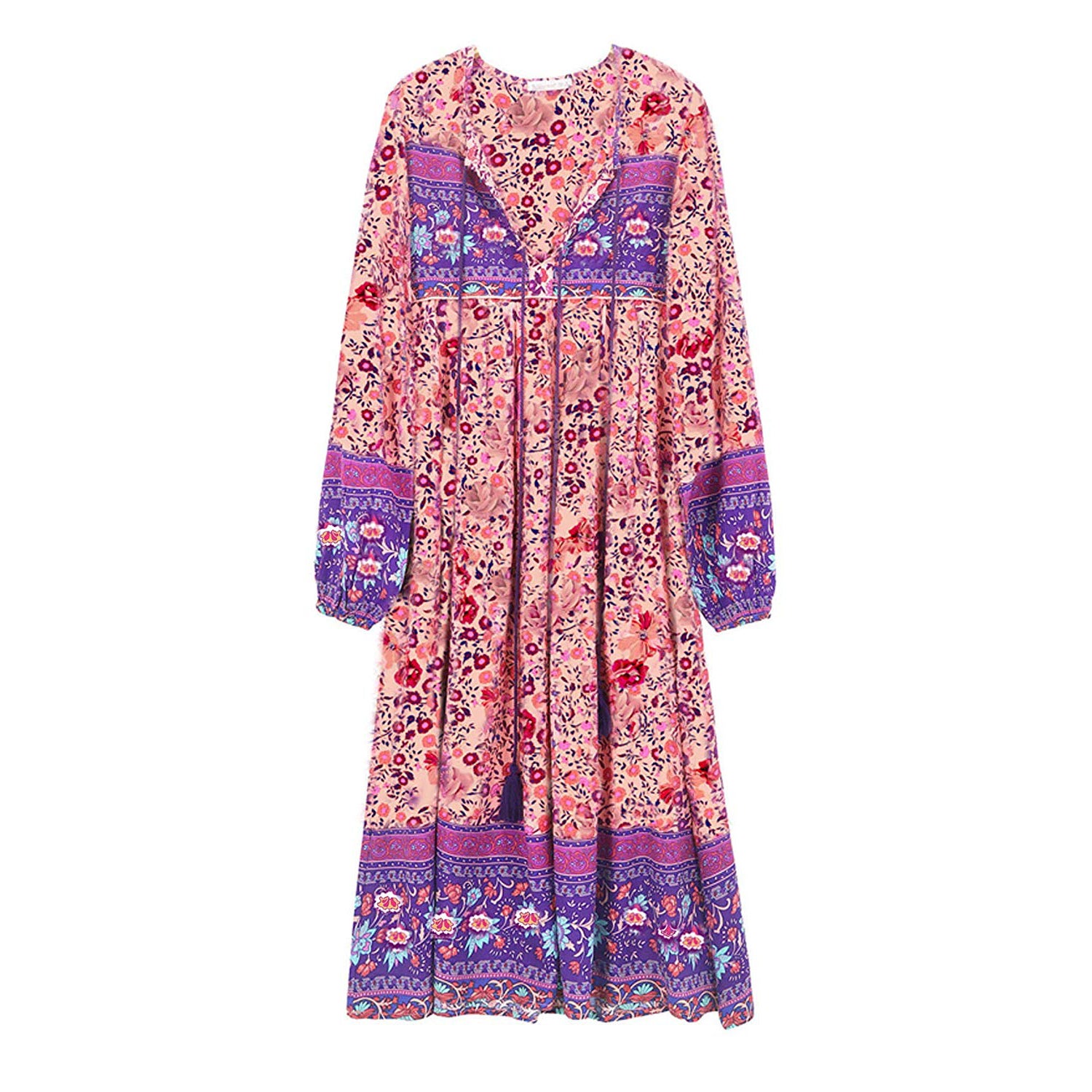 R.Vivimos + Long-Sleeve Floral Tassel Midi Dress