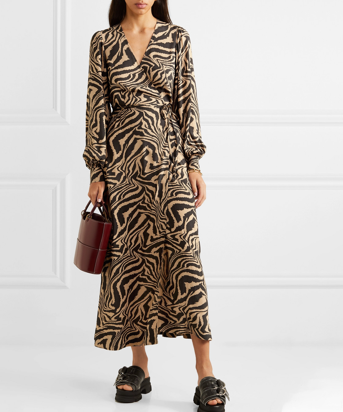 Ganni + Tiger-Print Crepe Wrap Midi Dress