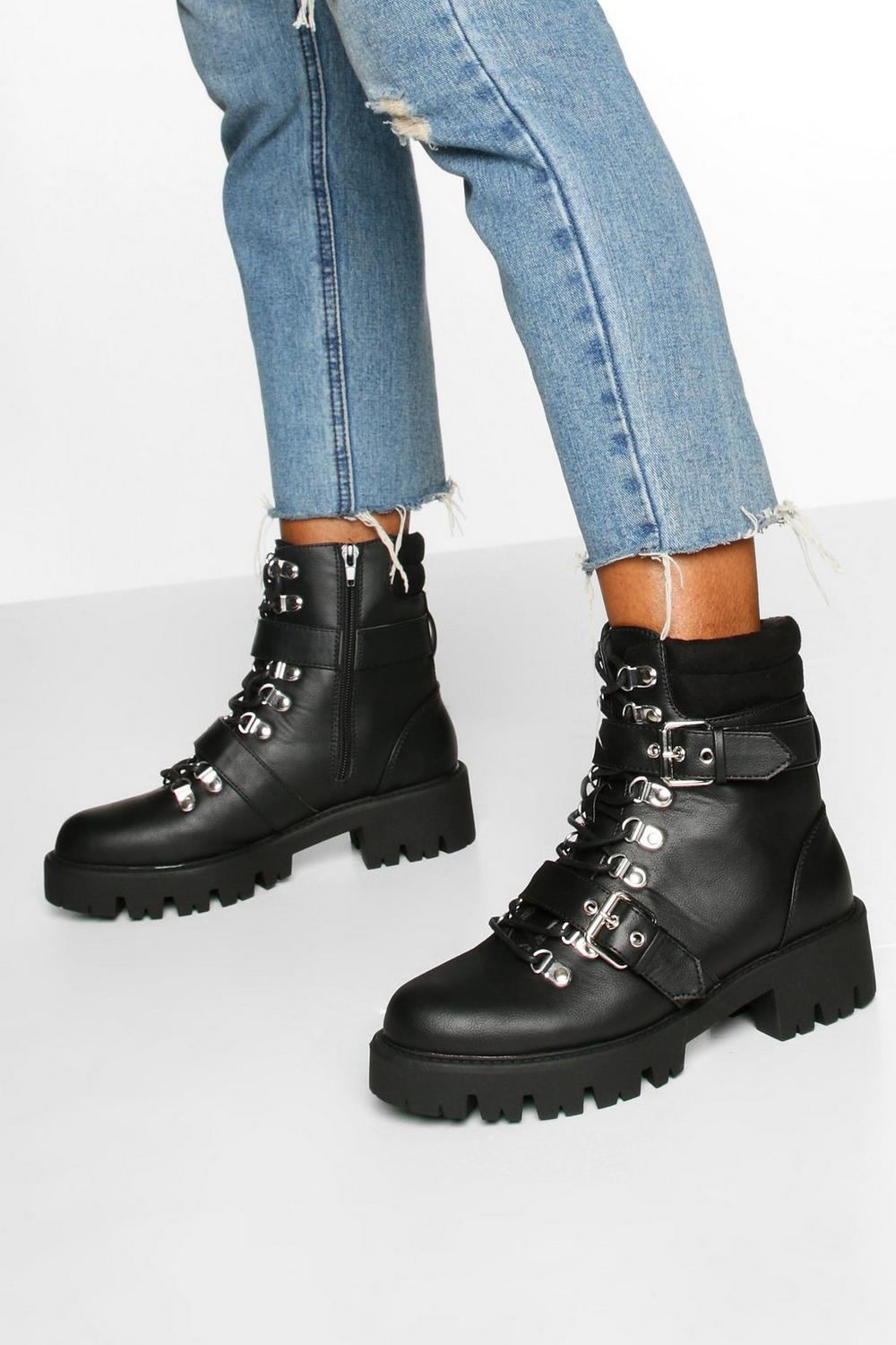 Boohoo + Buckle Detail Padded Cuff Hiker Boots
