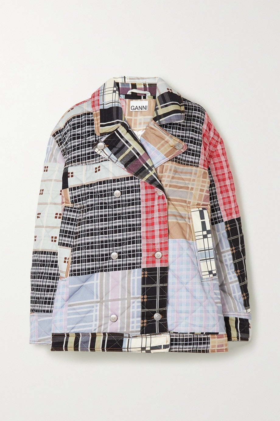 Ganni + Oversized Double-Breasted Quilted Patchwork Jacket