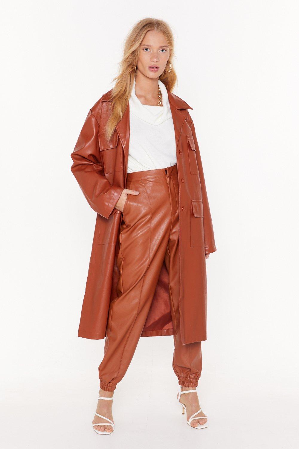 Tan faux leather shop trench coat